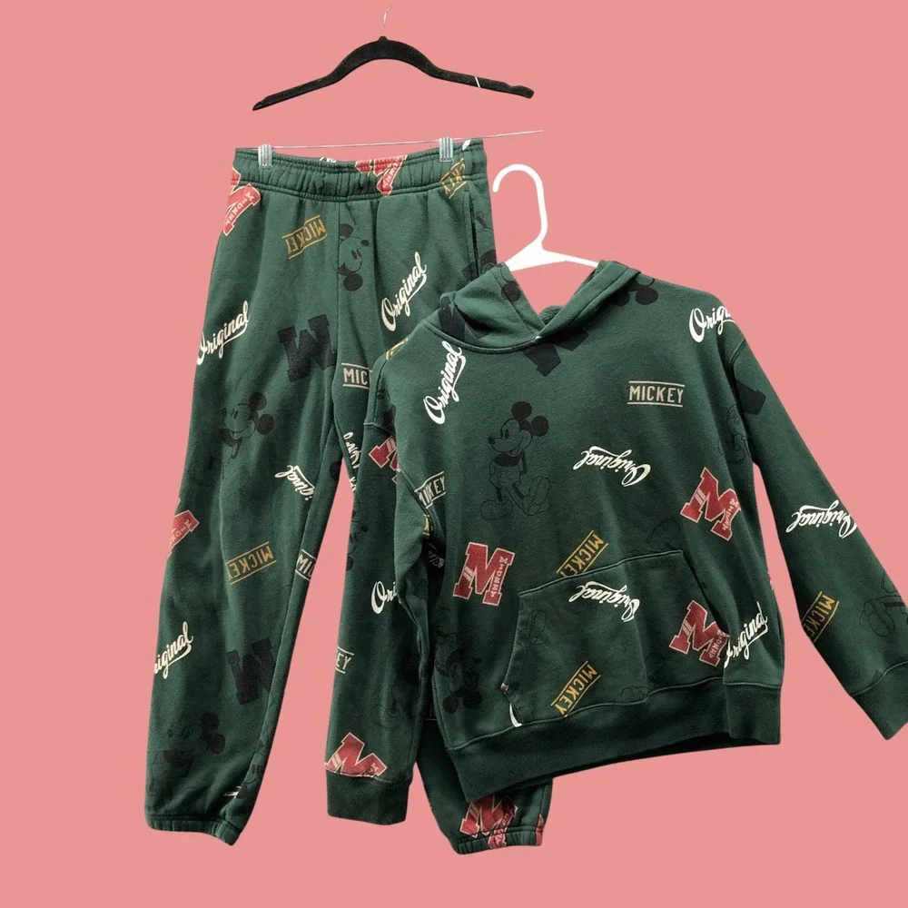 Gap Disney Mickey Mouse Matching Hoodie Joggers Set Boys L 10 Green Sweatsuit